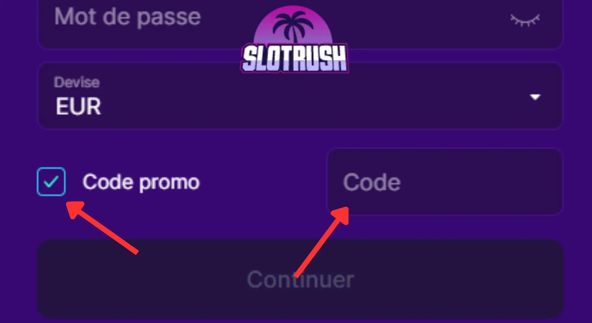 Champ code promo SlotRush Casino montrant l'activation du bonus lors de l'inscription.