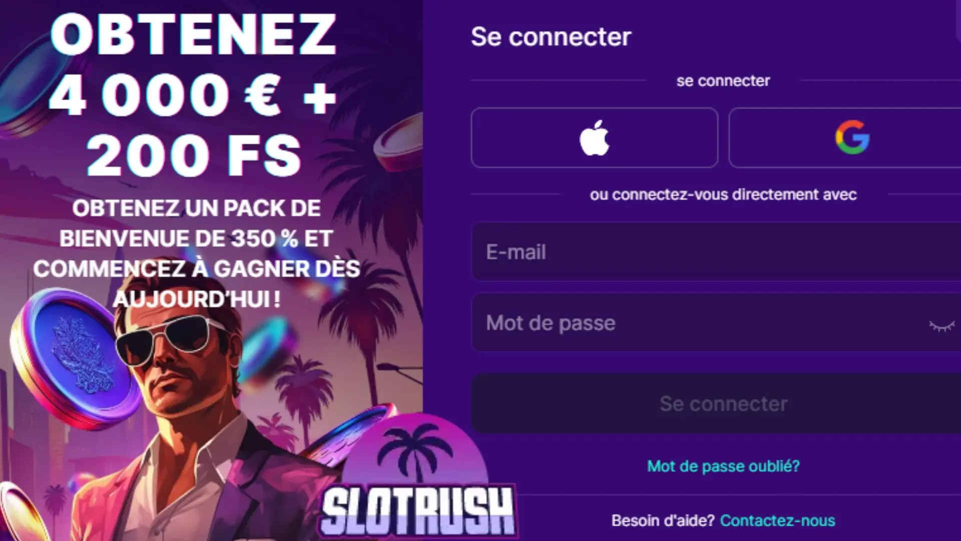 Interface de connexion SlotRush Casino montrant l'accès sécurisé au compte joueur.